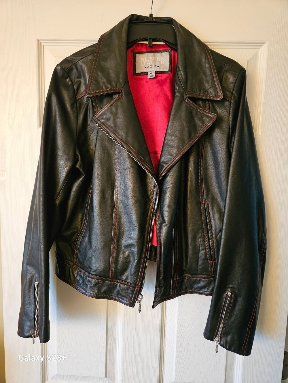 Wilsons Leather Black Leather Moto Jacket with Red Lining
